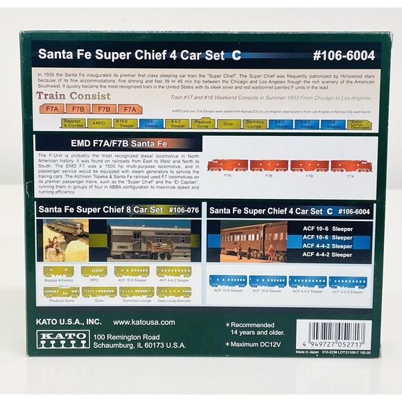 Kato N Santa Fe Super Chief *Lighted* 4 Car Add-On Set C 106-6004 New - Picture 8 of 8